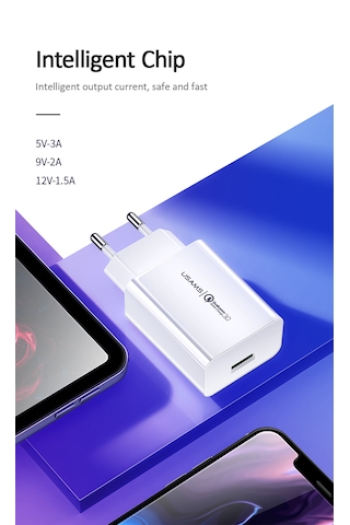 Usams US-CC083 T22 18W Hızlı Şarj Adaptörü QC3.0 – iPhone 13 / Samsung S23 / Google Pixel 8 Uyumlu