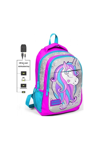 Coral High Kız Çocuk Pembe Unicorn 3'lü Çanta Takımı - USB Soketl