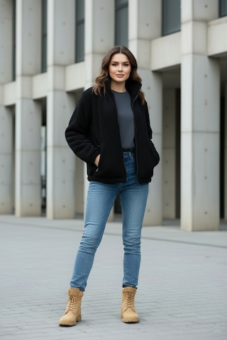 Kadın Oversize Peluş, Polar, Fermuarlı, Teddy Dik Yaka, Sıcak Tutucu Yumuşak Kışlık Ceket Siyah