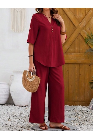 Kadın Kısa Kollu V Hakim Yaka Düğmeli Bürümcük Bluz Ve Pantolon Ikili Takım Bordo