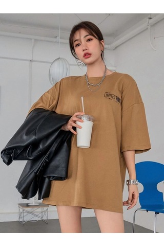 Flood Of Style Kadın Camel Oversize Limited Time Baskılı Tshirt Kahverengi