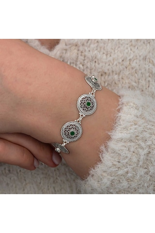 Artsmagazinmücevher Gümüş Telkari Zümrüt Taşlı Kadın Bileklik