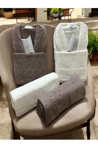 Banyo Çeyiz Seti, %100 Pamuk Bornoz Takımı, 8 Parça Aile Bornoz Seti, Havlu & Havlu Seti Kahve-krem Kahverengi