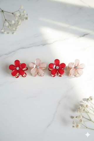 Çiçek Şeklinde Metal Toka, Metal Klipsli Renkli Çiçek Toka 4 Adet Kırmızı - Pembe