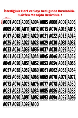 Sayı Etiketi Alfanümerik Sayı, Numara Etiketi A001'den A100'e