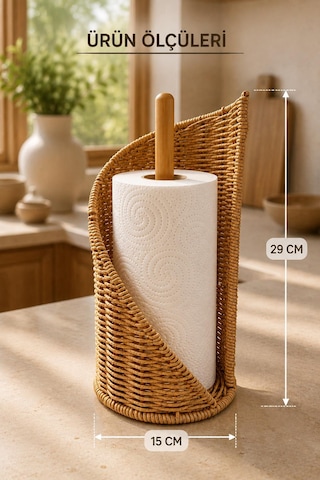 Dekoratif Rattan Kağıt Havluluk Standı Bambu Direkli Mutfak Kağıt Havlu Tutacağı