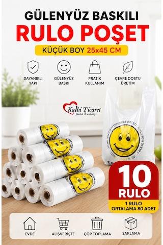 Baskılı Rulo Poşet Küçük Boy 10'lu Gülenyüz Hışır Atlet Poşet Market Manav Poşeti Çöp Poşeti