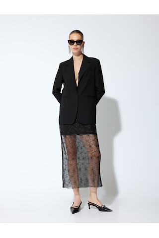 Koton Taşlı Astarlı Slim Fit Midi Boy Kalem Tül Etek Siyah 5wak70026fk Siyah