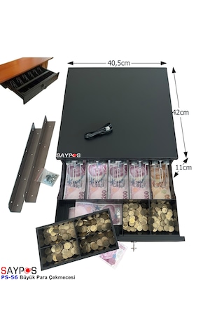 5 Geniş Kağıt Para Gözlü Montaj Askılı Pos Bağlantılı Anahtardan Açılır Para Çekmecesi 40,5x42x11cm