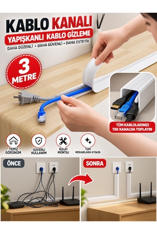 Mucit Home Kablo Kanalı 3 Metre - Yapışkanlı Kablo Gizleme Ve Kablo Düzenleyici Organizer