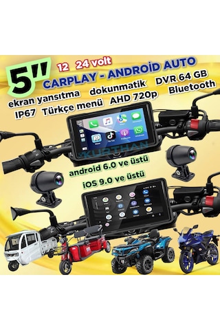 2 Tekerli Araçlar İçin 5'' Dvr Monitör + Ön Ve Arka Kamera Carplay Ve Android Auto