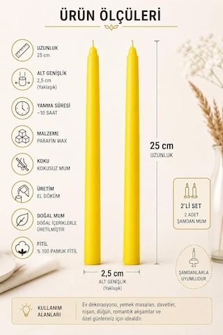 2'li Sarı Şamdan Mum Seti 25 Cm Dekoratif İnce Şamdan Mum, Kokusuz Parafin Wax,%100 Pamuk Fitil, El Döküm, Uzu Çok Renkli