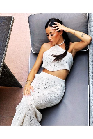 Kadın Örgü Desenli Crop Top Ve Etek Takımı Beyaz