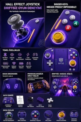 Nyxi Hyperion 3 Mor Joypad Switch 2 Hall Effect Drift Yapmayan Joystick Kablosuz Oyun Kolu Joy-con