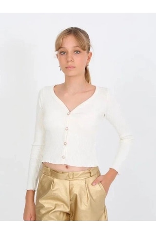 Kız Çocuk Kaşkorse Taşlı Düğmeli Hırka-14807 Ekru