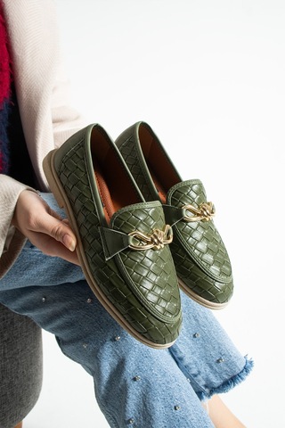 Lebibe Shoes Maby Kadın Haki Örgü Dokulu Zincir Detaylı Loafer Düz Ayakkabı Babet