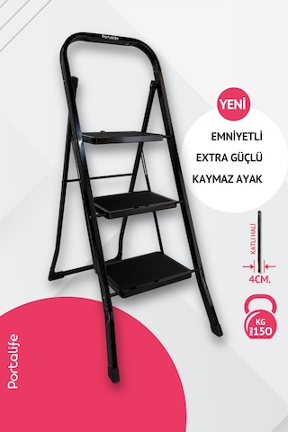 Portalife 3 Basamaklı Siyah Çelik Şık Merdiven 3 Basamak