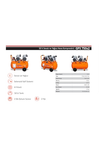 Gap 50 Lt 4 Emişli 2 Hp Sessiz Yağsız Kompresör