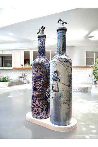 Mavi-beyaz Renkli Seramik Ve Porselen Motifli Vintage Yağdanlık Set, Sosluk, Sirkelik Açık Mavi