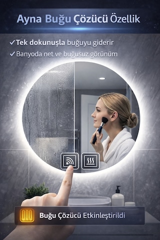 Digital Hayat Buğu Çözücü Dokunmatik Dimlenebilir Yuvarlak Ayna Mavi Işıklı Led Dekoratif Banyo Makyaj Aynası Mavi