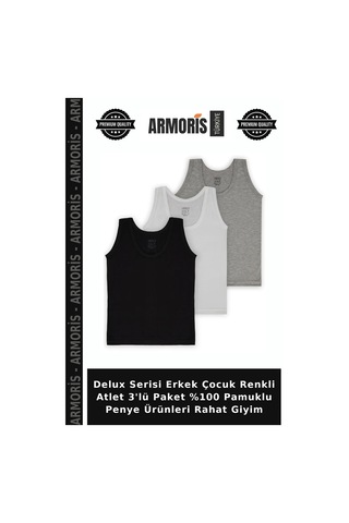 Armoris Delux Serisi Erkek Çocuk Renkli Atlet 3'lü Paket %100 Pamuklu Penye Ürünleri Rahat Giyim Çok Renkli