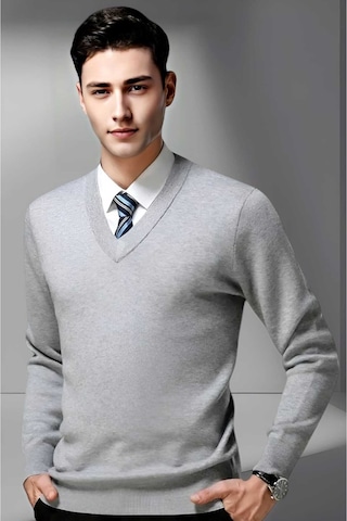 Tezzgelsin Erkek V Yaka Uzun Kol Triko Tüylenmez Süveter Erkek Slim Fit Süveter Gri