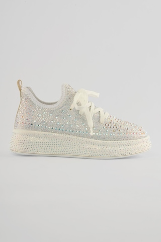 Mubiano Kadın Sneaker Taş Detaylı Kalın Tabanlı Diamond Beyaz Beyaz