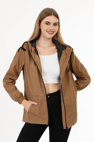 Kadın Taba Içi Astarlı Su Geçirmez Ve Rüzgara Dayanıklı Kapüşonlu Cepli Yağmurluk - Rüzgarlık Taba