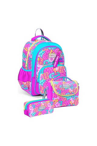 Coral High Üçlü Kız Çocuk İlkokul Okul Çantası Seti Pembe Su Yeşili Harf Baskılı Setygn33241a