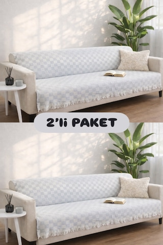 Miracolo Home Pamuklu Koltuk Örtüsü Şalı Kaymaz Dokulu Çok Amaçlı Kanepe Çekyat Örtüsü 170x200 Cm 2'li Paket Açık Gri