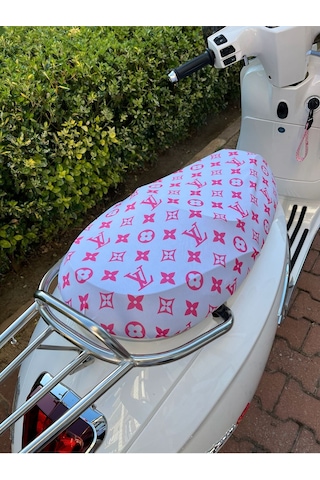 Beyaz Pembe Desenli Penye Motosiklet Kılıfı - 50cc Ve 125cc Motor Uyumlu