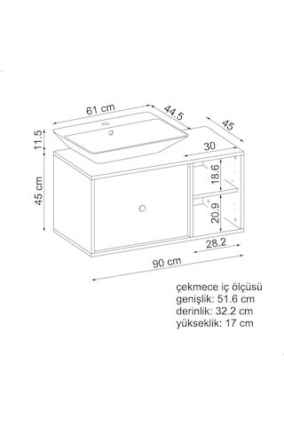 Gusto Ayaksız Lavabolu Mdf 90 Cm Çekmeceli Banyo Dolabı Beyaz Mat Beyaz