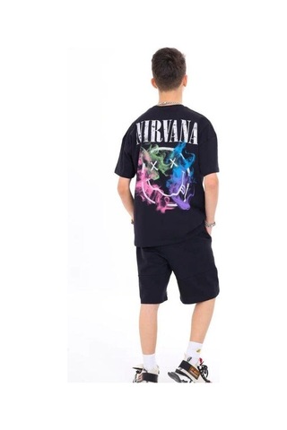 Marions Erkek Çocuk Pamuklu Nirvana Yazılı Sırtı Baskılı Renkli T-shirt-13732-siyah Siyah