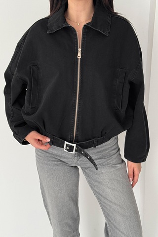 Blanco Kadın Kemer Detaylı Kot Ceket Oversize Fermuarlı Denim Ceket Siyah Siyah