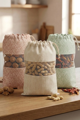 3 Adet Bakliyat Kesesi Büyük Boy 24x34 Erzak Kuru Gıda Saklama Kabı Torbası Fileli Bez Soft-Set 101
