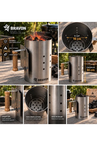 Bravon Outdoor Tutuşturma Bacası , Kömür Ateşleme Bacası, Har Bacası,1,2mm Paslanmaz Ömürlük , Siperlikli