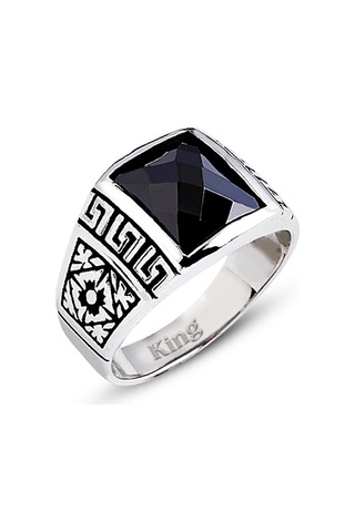 Kuyumcudukkanı Baget Kesim Taşlı Gümüş Erkek Yüzük-60008-w-blk 26 Beyaz