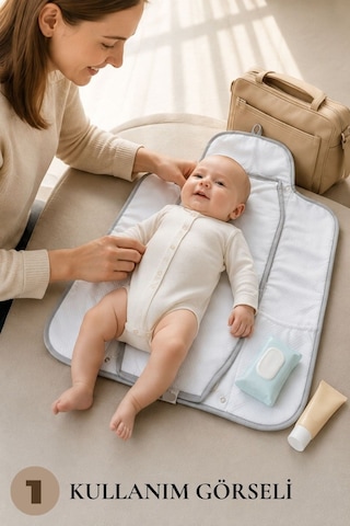 Babydola Seyahat Pratik Alt Açma Minderi Premium Kalite Katlanabilir Bebek Alt Değiştirme Matı Su Geçirmez Cepli Taşınabilir Alt Açma Çantası 49x75 CM
