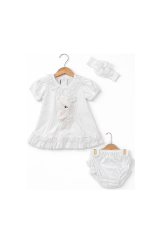 Kardeşler Bebe Dantelli Ayıcıklı Kız Bebek Elbise Takım Saç Bantlı 3 Lü Set Beyaz