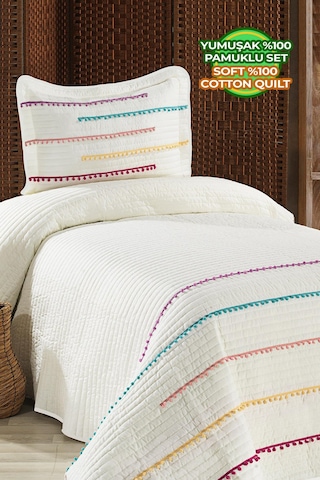 Evlen Home Nova Renkli Ponponlu %100 Pamuk Tek Kişilik Yatak Örtüsü Elyaf Dolgulu Pike Takımı Krem