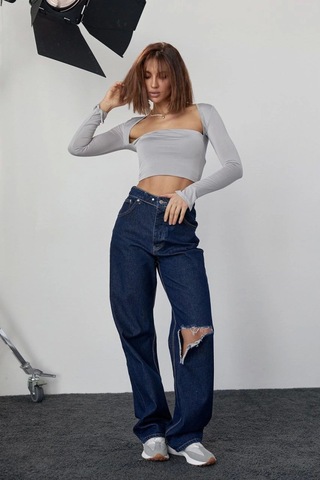 Kara Yaka Uzun Kollu Crop - Taş Karışık