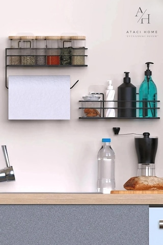 Atacı Yapışkanlı Pratik Şampuanlık 2li Metal Kağıt Havluluk Siyah Stantlı Şık Banyo Rafı Siyah