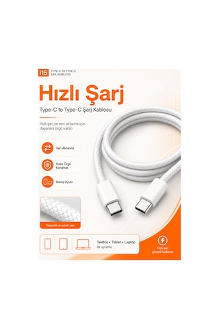 60w Destekli iPhone Samsung Xiaomi Oppo Uyumlu Hızlı Şarj - Şarj Kablosu - Type C To Type C - Hasır Örgü - 1 Mt