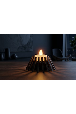 Piramit Tealight Mumluk Ahşap Mumluk + Led Pilli Mum 1 Adet Ham Mdf