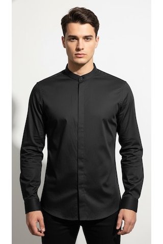 Plus Scorpion Erkek Hakim Yaka Slim Fit Gömlek Şık, Modern, Uzun Kollu, Düz Model Siyah