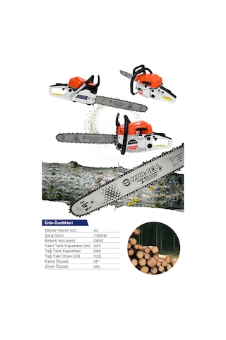Mur-5201 Benzinli Testere Hızar Motoru Ağaç Odun Kesme Testeresi 52cc