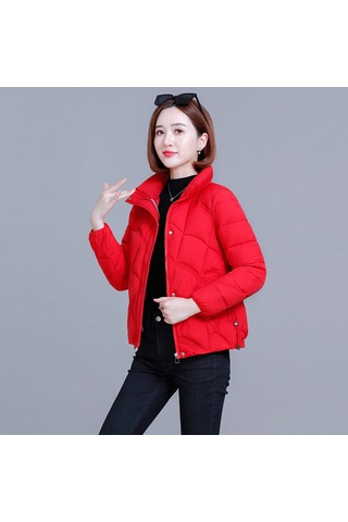 2025 Yeni Kadın Pamuklu Ceket, Kısa Model, Kore Stili, Bol Kesim, Sıcak, Dik Yaka, Küçük Beden Kırmızı