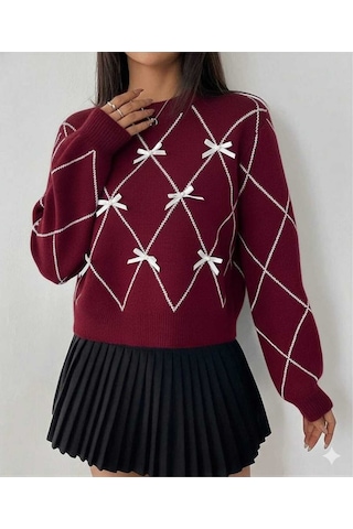 Sayzen Your Shine Baklava Desenli Kurdele/fiyonk Detayli Triko Kazak Sy-001kzk-gri Bordo