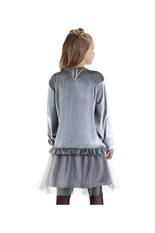 Denokids Leopar Cepli Kız Çocuk Gri Kadife Elbise Renkli