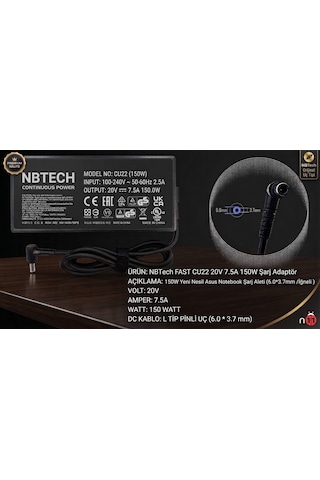 Nbtech Fast Cu22 20v 7.5a 150w Asus Notebook Şarj Adaptörü 6.0x3.7mm İğneli Uç